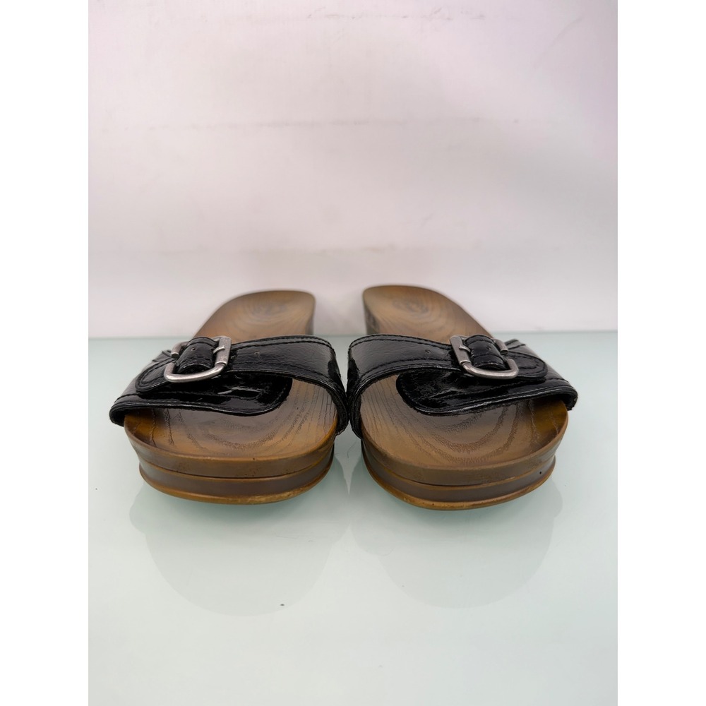 Dr. Scholl's Original Collection Black Patent Slide Sandals 8 Wood Footbed Y2K - Picture 5 of 10